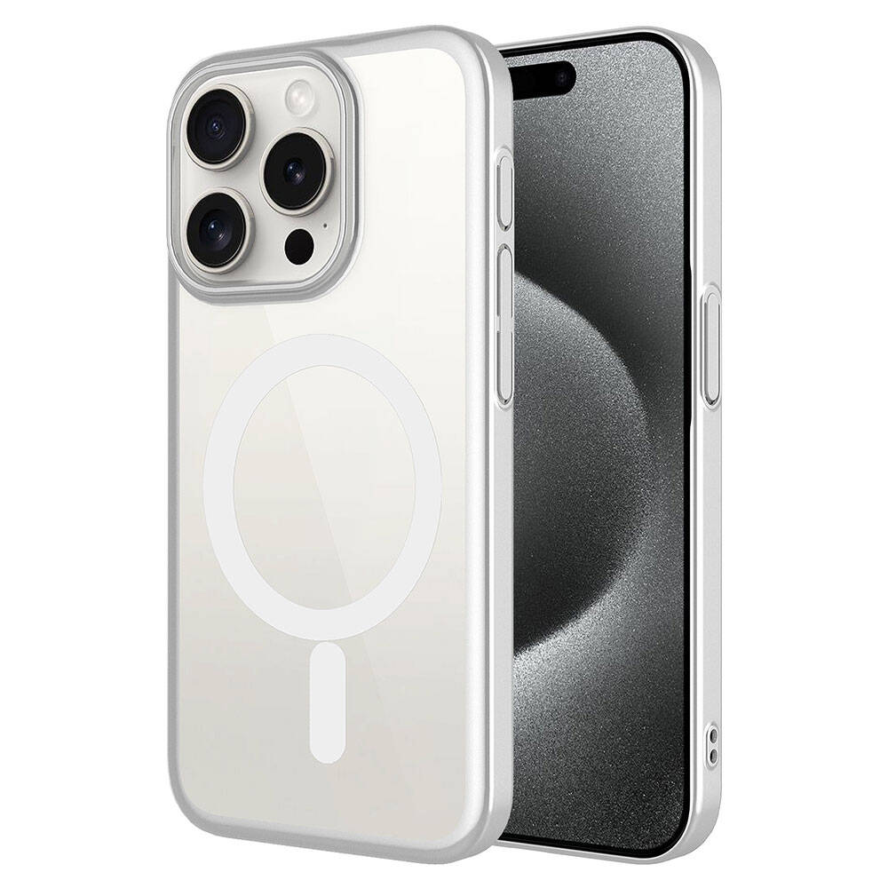 Apple iPhone 15 Pro Max Kılıf Wireless Şarj Özellikli Sert PC Zore Mat Riksos M-safe Kapak Gümüş