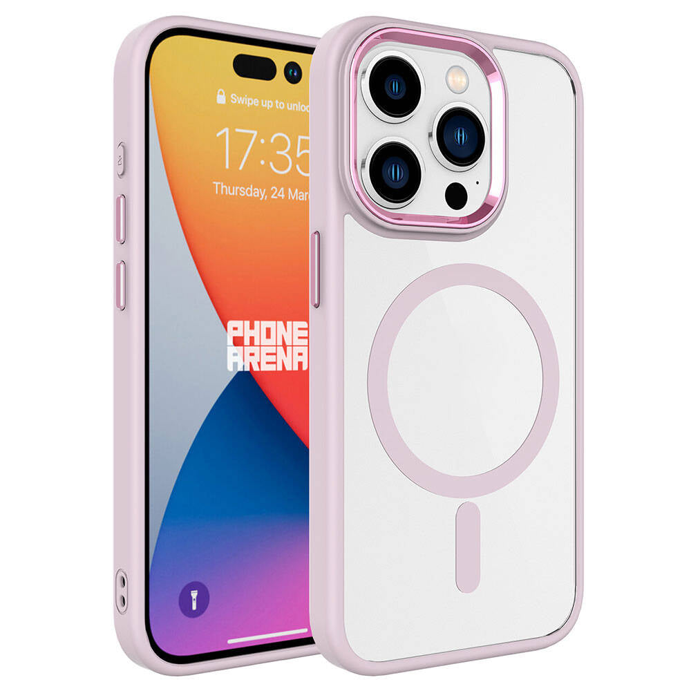 Apple iPhone 15 Pro Max Kılıf Wireless Şarj Özellikli Zore Krom M-safe Silikon Kapak Pembe Açık