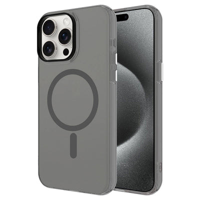 Apple iPhone 15 Pro Max Kılıf Zore M-safe Şarj Özellikli Buzlu Transparan C-Pro Sert Kapak Koyu Gri