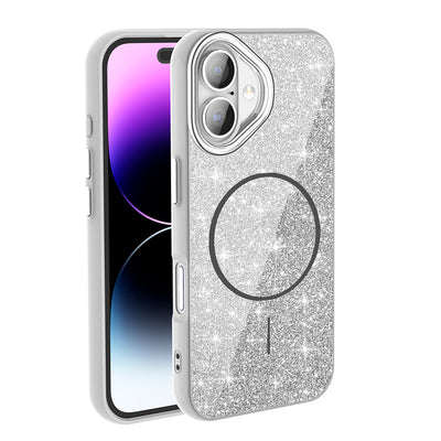 Apple iPhone 16 Kılıf M-safe Şarj Özellikli Parlayan Simli Zore Okso Kapak Beyaz