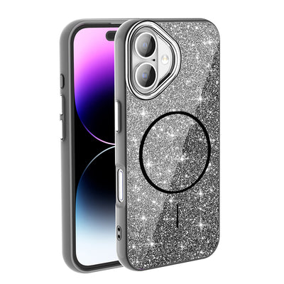 Apple iPhone 16 Kılıf M-safe Şarj Özellikli Parlayan Simli Zore Okso Kapak Siyah