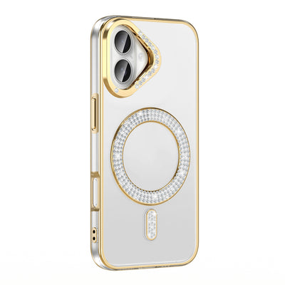 Apple iPhone 16 Kılıf Pırlanta Taş Tasarımlı M-safe Şarj Özellikli Zore Karetta Silikon Kapak Gold