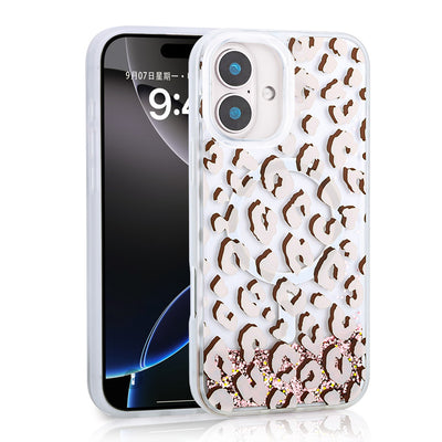 Apple iPhone 16 Kılıf Sıvılı Simli Baskılı Şeffaf Arka Yüzey Zore Mossa Silikon Kapak Pembe