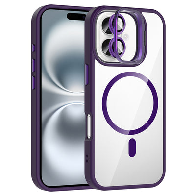 Apple iPhone 16 Kılıf Standlı ve Kamera Lens Hediyeli M-Safe Şarj Özellikli Zore Etro Kapak Derin Mor