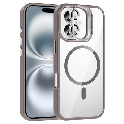 Apple iPhone 16 Kılıf Standlı ve Kamera Lens Hediyeli M-Safe Şarj Özellikli Zore Etro Kapak Gri