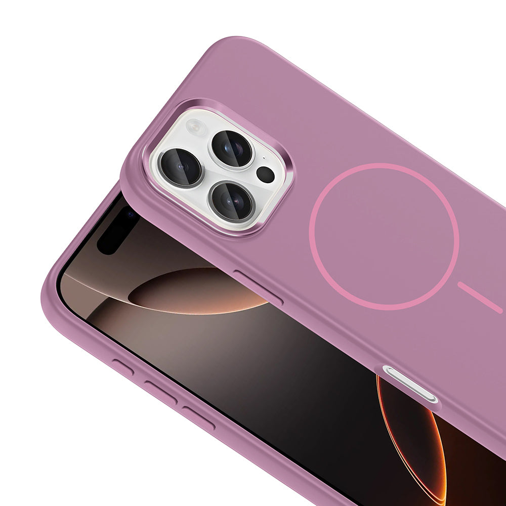 Apple iPhone 16 Pro Kılıf M-Safe Şarj Özellikli Metal Kamera Çerçeveli Zore Edi Silikon Kapak Lila
