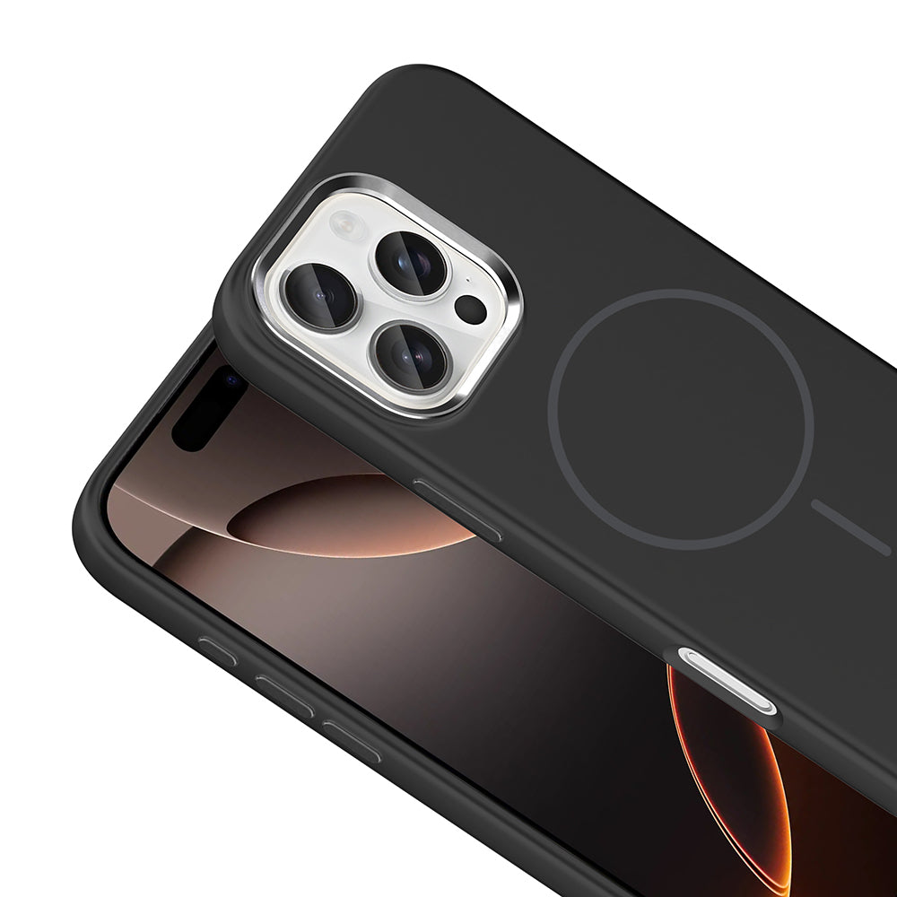 Apple iPhone 16 Pro Kılıf M-Safe Şarj Özellikli Metal Kamera Çerçeveli Zore Edi Silikon Kapak Turuncu