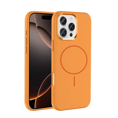 Apple iPhone 16 Pro Kılıf M-Safe Şarj Özellikli Metal Kamera Çerçeveli Zore Edi Silikon Kapak Turuncu