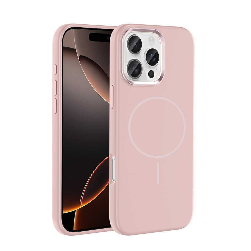 Apple iPhone 16 Pro Kılıf M-Safe Şarj Özellikli Metal Kamera Çerçeveli Zore Edi Silikon Kapak Rose Gold