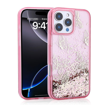 Apple iPhone 16 Pro Max Kılıf Sıvılı Simli Kelebek Baskılı Şeffaf Arka Yüzey Zore Glis Silikon Kapak Siyah