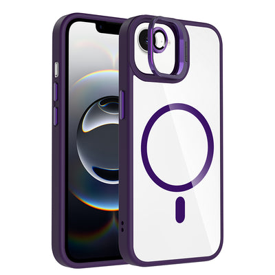 Apple iPhone 16E Kılıf Standlı ve Kamera Lens Hediyeli M-Safe Şarj Özellikli Zore Etro Kapak Derin Mor