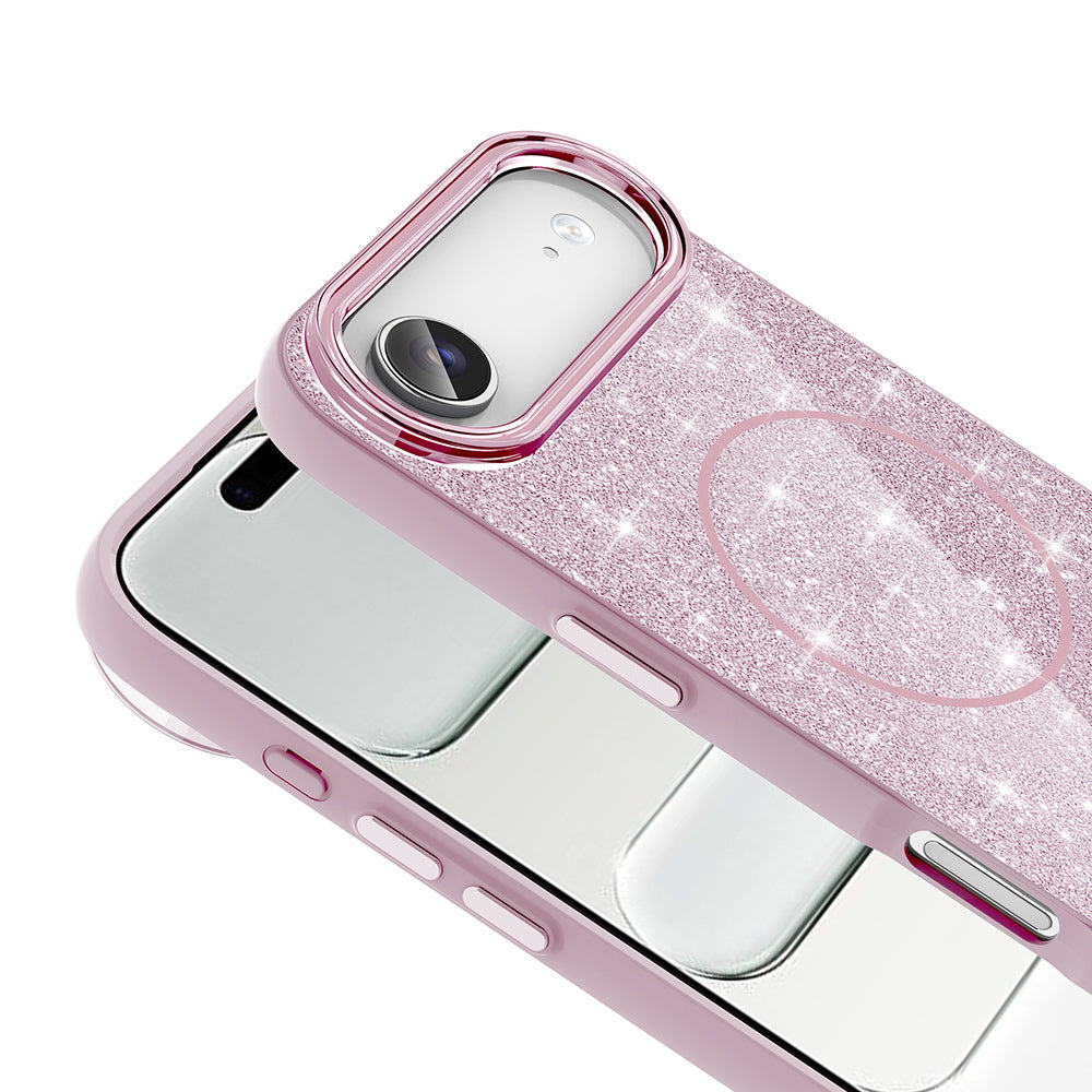 Apple iPhone 17 Air Kılıf M-safe Şarj Özellikli Parlayan Simli Zore Okso Kapak Pembe