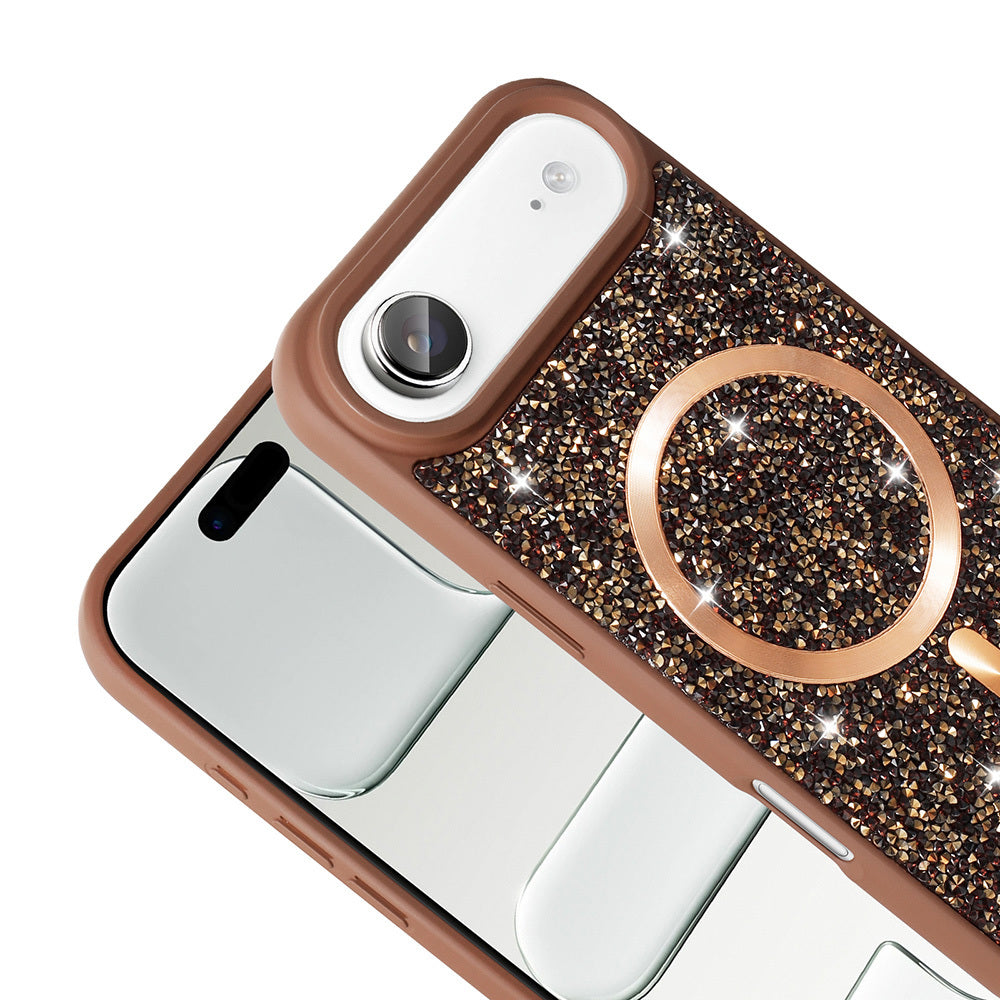 Apple iPhone 17 Air Kılıf Pırlanta Tasarımlı M-safe Şarj Özellikli Zore Mozaik Silikon Kapak Titanyum-Gri