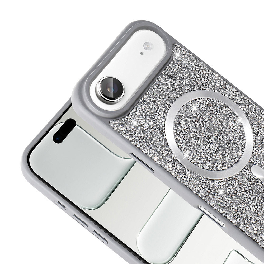 Apple iPhone 17 Air Kılıf Pırlanta Tasarımlı M-safe Şarj Özellikli Zore Mozaik Silikon Kapak Desert Titanyum