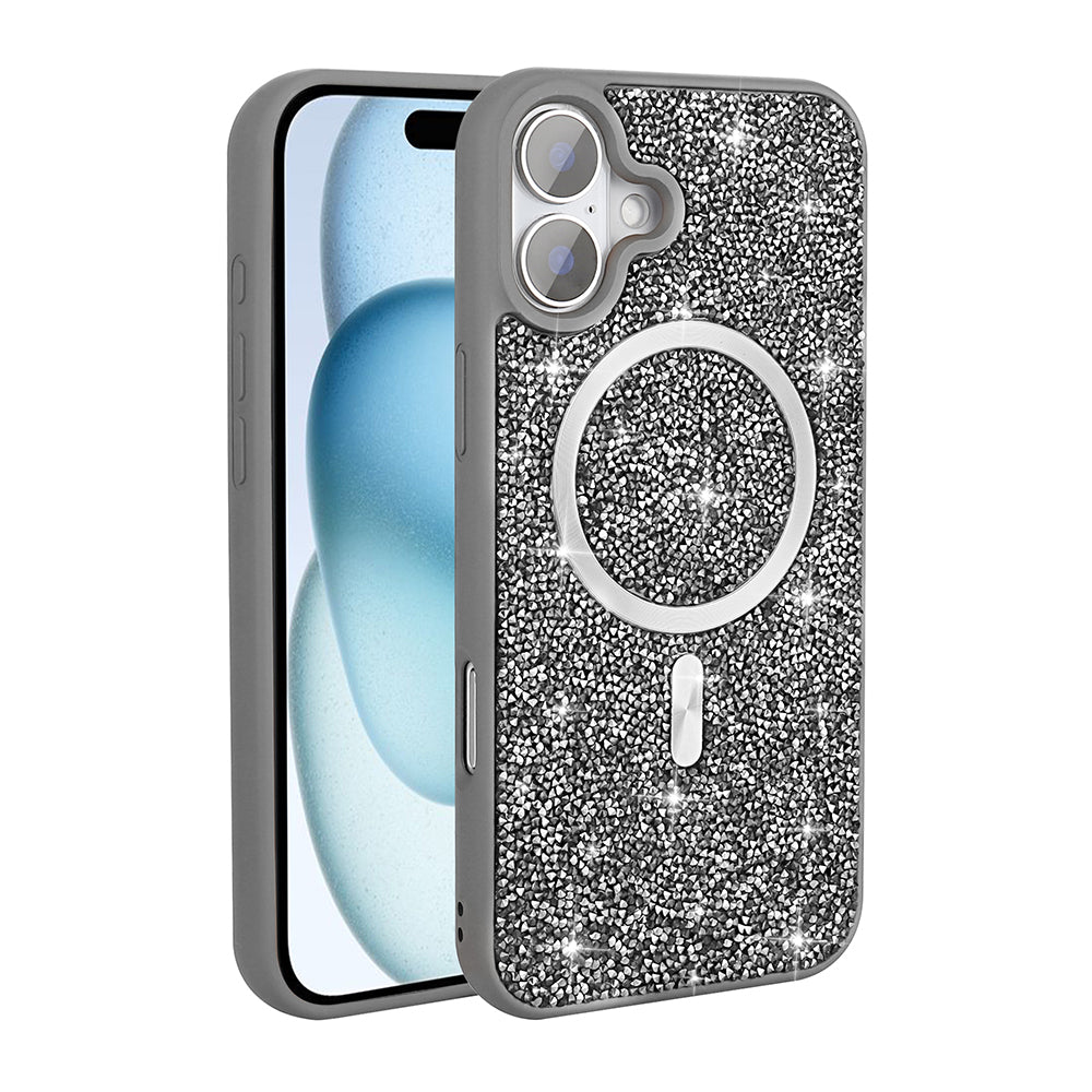 Apple iPhone 17 Kılıf Pırlanta Tasarımlı M-safe Şarj Özellikli Zore Mozaik Silikon Kapak Titanyum-Gri