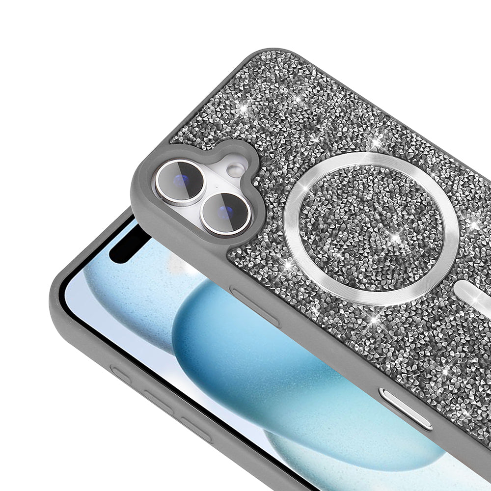 Apple iPhone 17 Kılıf Pırlanta Tasarımlı M-safe Şarj Özellikli Zore Mozaik Silikon Kapak Titanyum-Gri