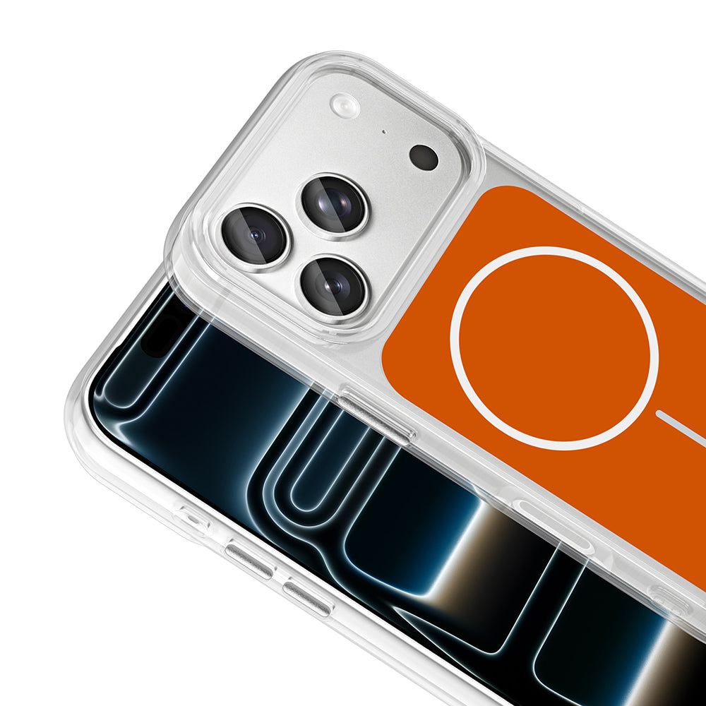 Apple iPhone 17 Pro Kılıf M-Safe Şarj Özellikli Metal Buton Tasarımlı Zore İkonik Sert Silikon Kapak Turuncu