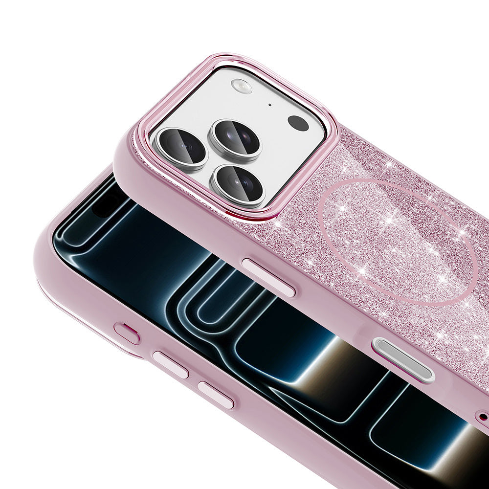 Apple iPhone 17 Pro Kılıf M-safe Şarj Özellikli Parlayan Simli Zore Okso Kapak Pembe