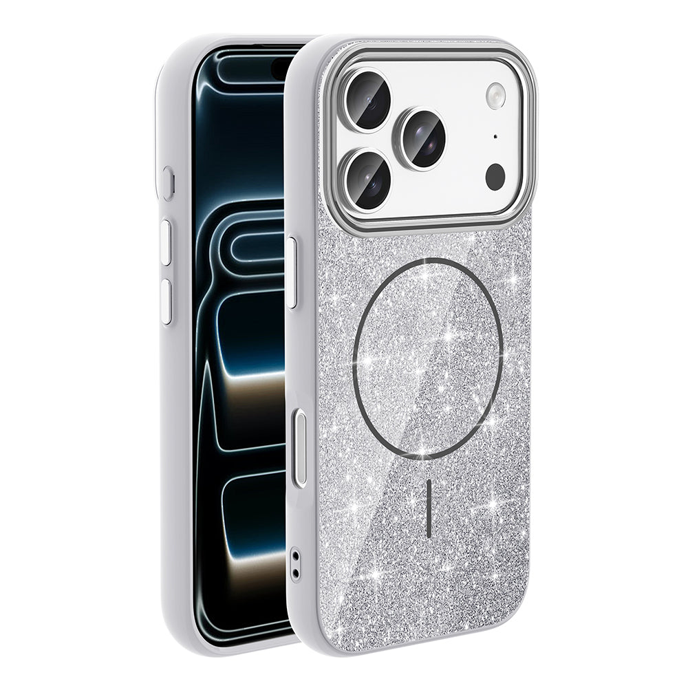 Apple iPhone 17 Pro Kılıf M-safe Şarj Özellikli Parlayan Simli Zore Okso Kapak Beyaz