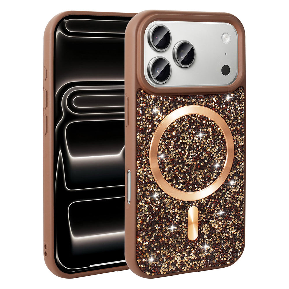 Apple iPhone 17 Pro Kılıf Pırlanta Tasarımlı M-safe Şarj Özellikli Zore Mozaik Silikon Kapak Desert Titanyum