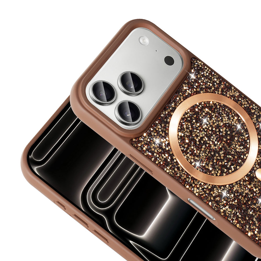 Apple iPhone 17 Pro Kılıf Pırlanta Tasarımlı M-safe Şarj Özellikli Zore Mozaik Silikon Kapak Desert Titanyum