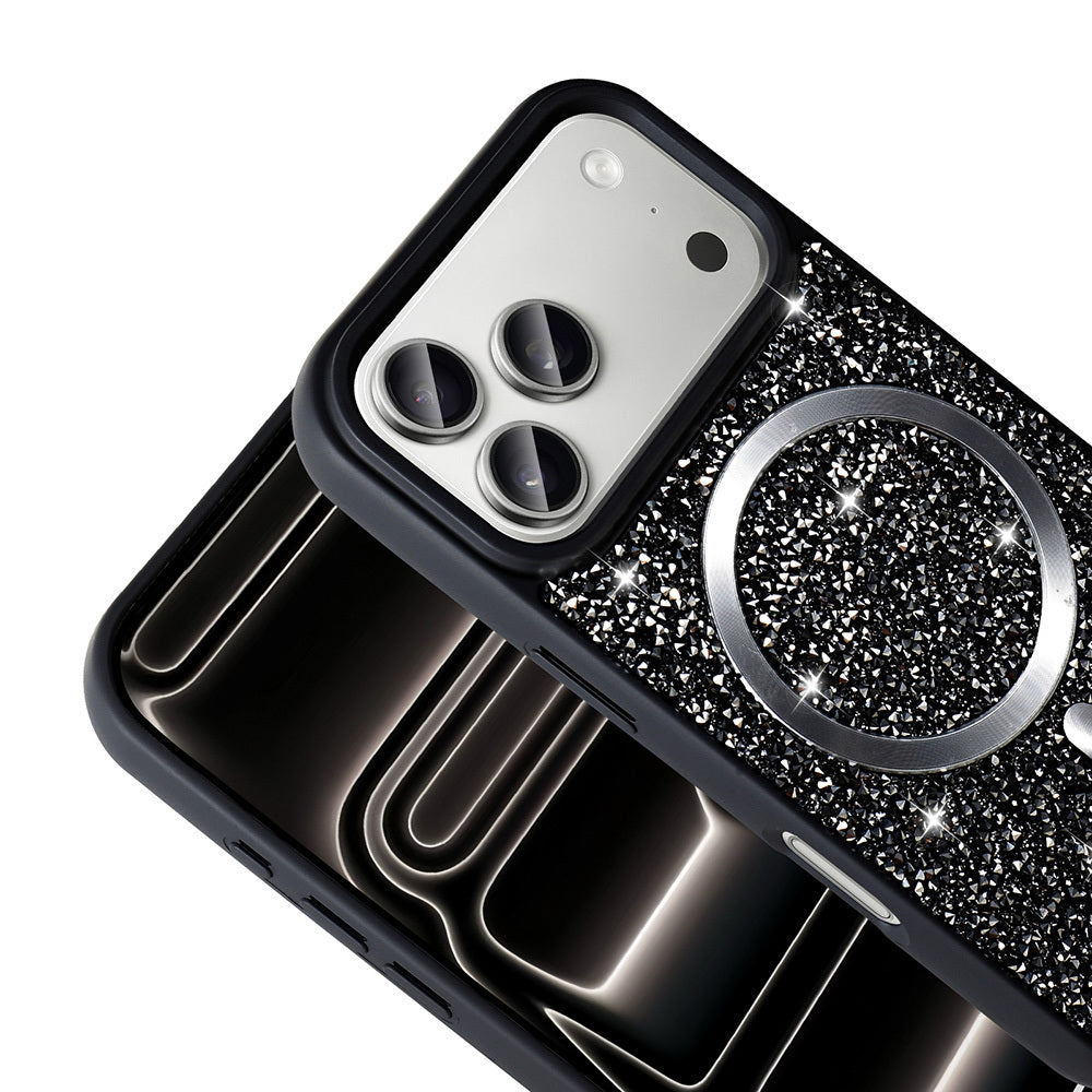 Apple iPhone 17 Pro Kılıf Pırlanta Tasarımlı M-safe Şarj Özellikli Zore Mozaik Silikon Kapak Desert Titanyum