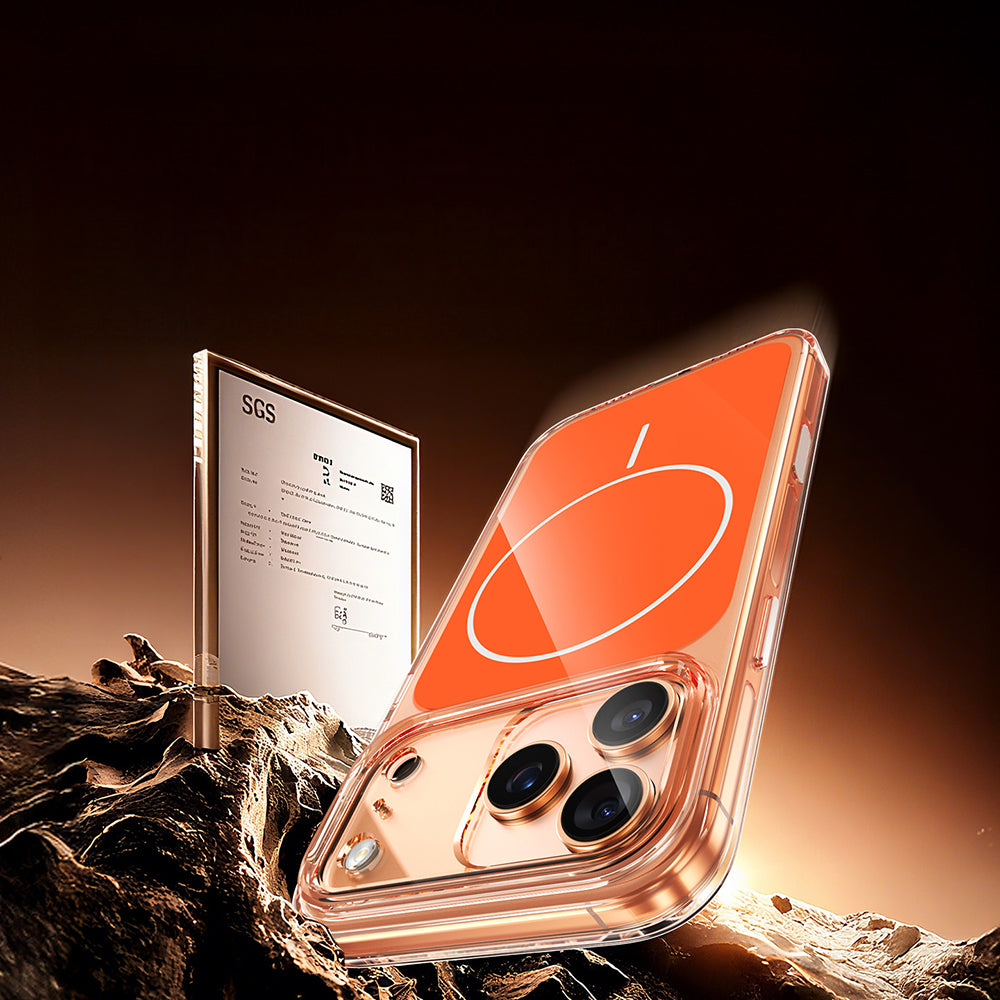 Apple iPhone 17 Pro Kılıf Zore M-safe Şarj Özellikli Şeffaf Kamera Kontrol Butonlu Lugano Kapak Turuncu