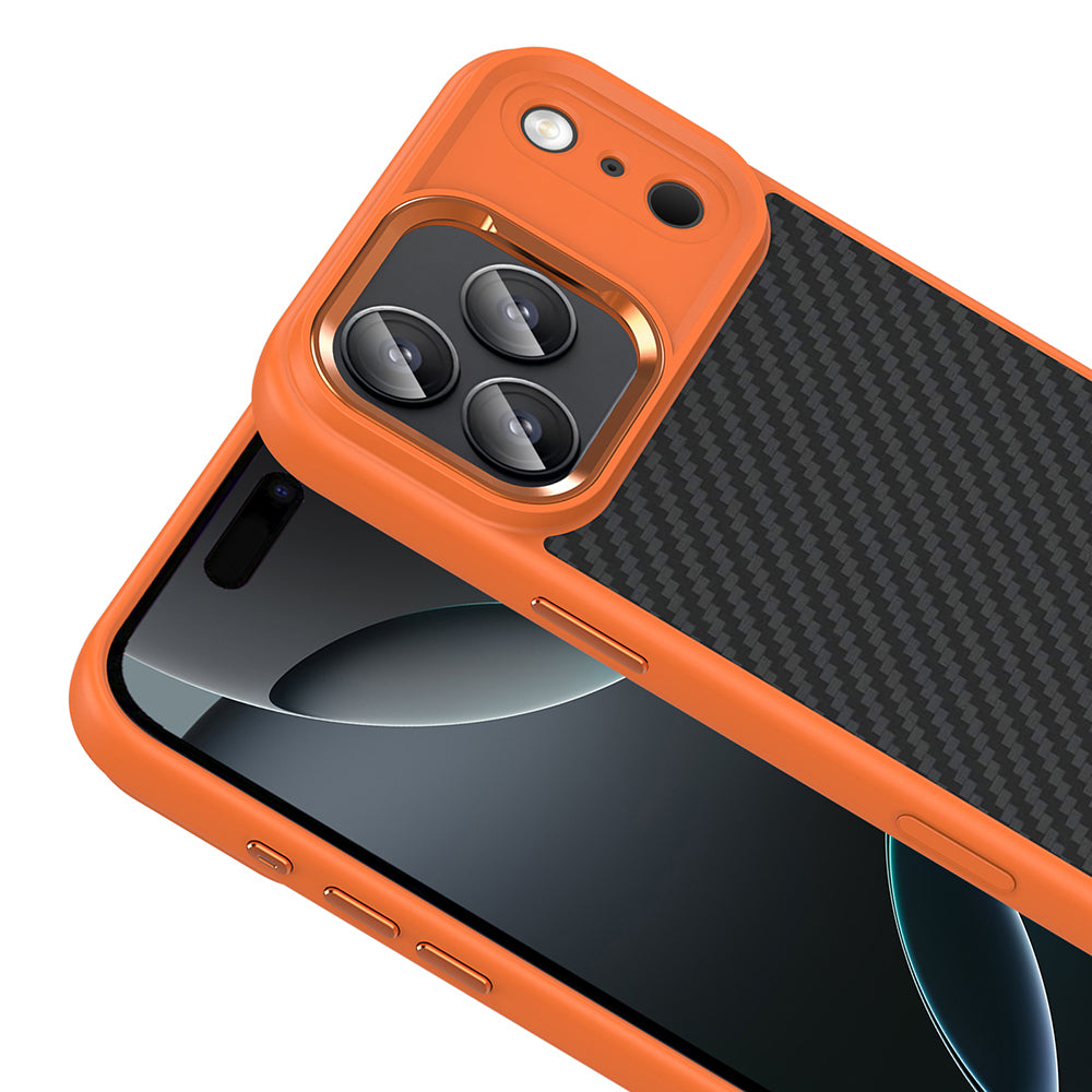 Apple iPhone 17 Pro Max Kılıf M-Safe Şarj Özellikli Karbon Fiber Görünümlü Zore Truva Silikon Kapak Turuncu