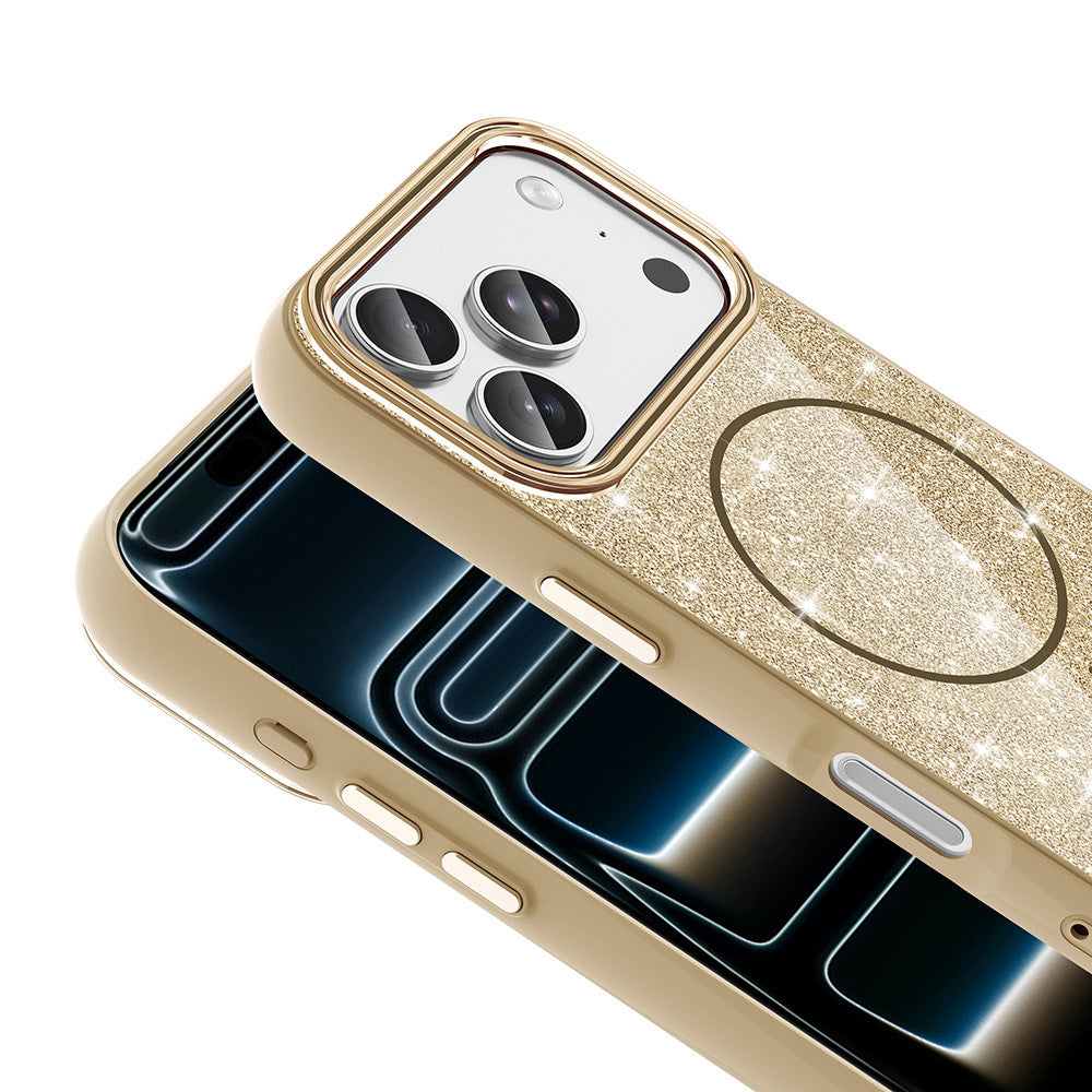 Apple iPhone 17 Pro Max Kılıf M-safe Şarj Özellikli Parlayan Simli Zore Okso Kapak Gold