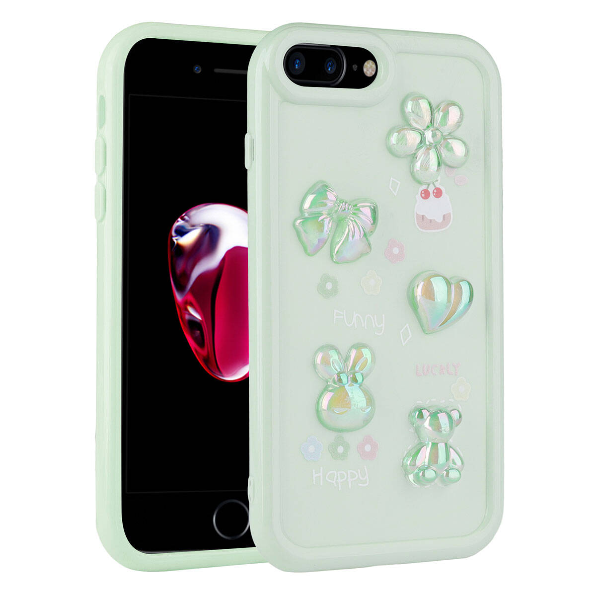 Apple iPhone 7 Plus Kılıf Kabartma Figürlü Parlak Zore Toys Silikon Kapak Açık Yeşil