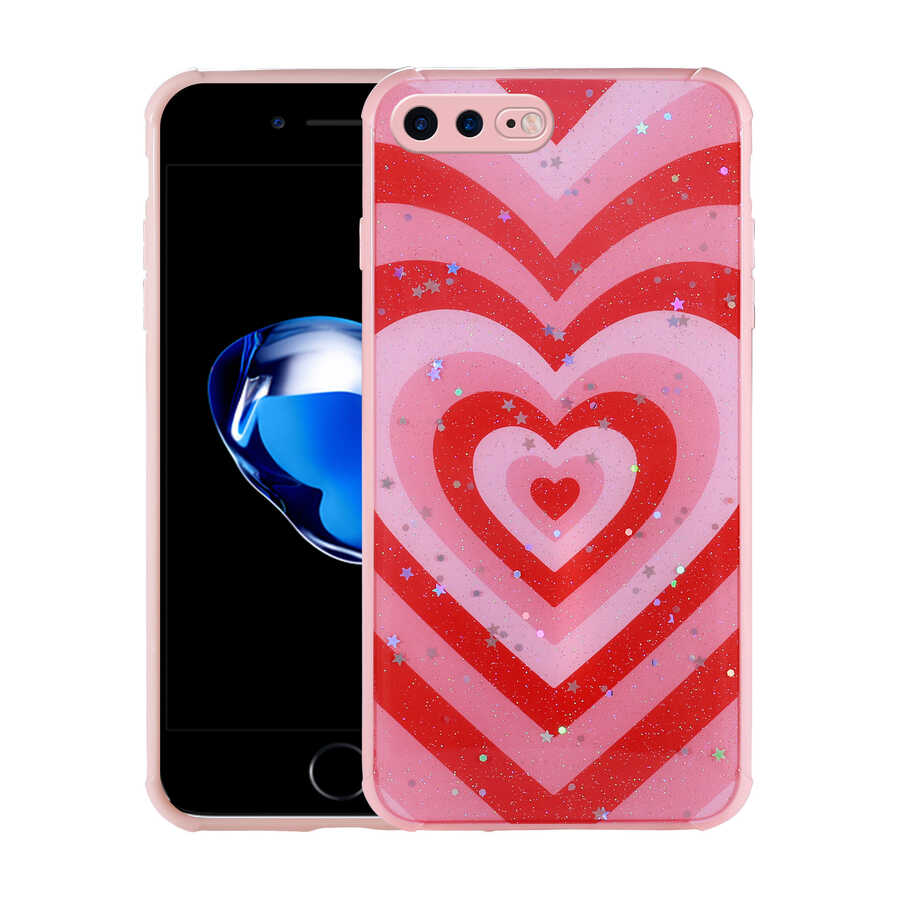 Apple iPhone 7 Plus Kılıf Simli Desenli Kamera Korumalı Parlak Zore Popy Kapak Kalp