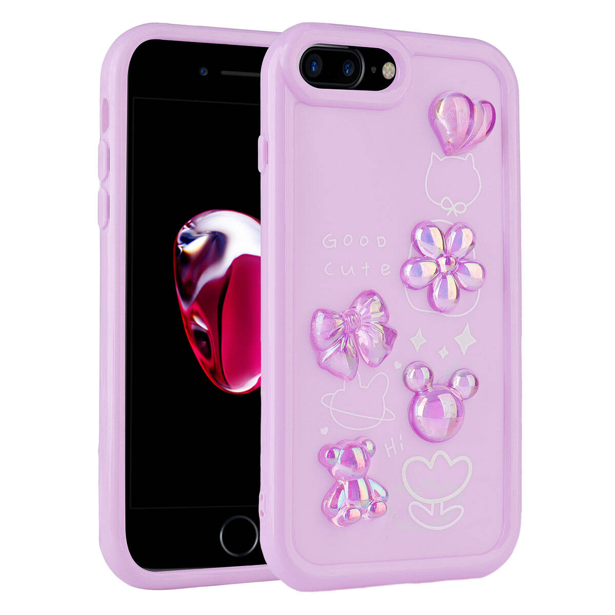 Apple iPhone 8 Plus Kılıf Kabartma Figürlü Parlak Zore Toys Silikon Kapak Mor