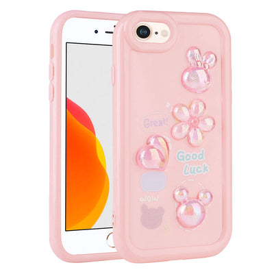 Apple iPhone SE 2022 Kılıf Kabartma Figürlü Parlak Zore Toys Silikon Kapak Pembe