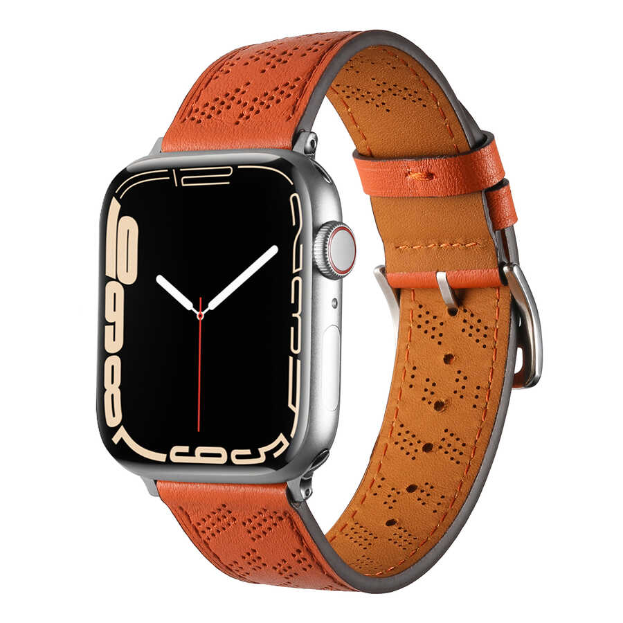 Apple Watch 44mm KRD-76 PU Deri Kordon Strap Kayış Turuncu