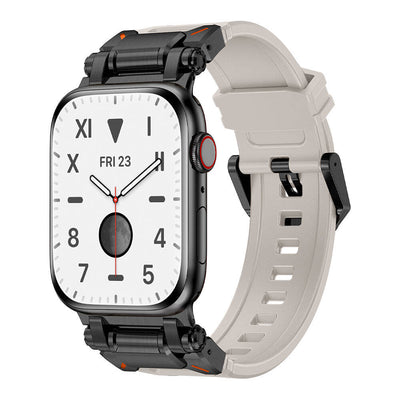 Apple Watch 44mm Zore KRD-101 Titanyum Metal Başlıklı Silikon Kordon Siyah-Starlight
