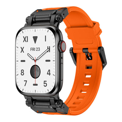 Apple Watch 44mm Zore KRD-101 Titanyum Metal Başlıklı Silikon Kordon Siyah-Mavi