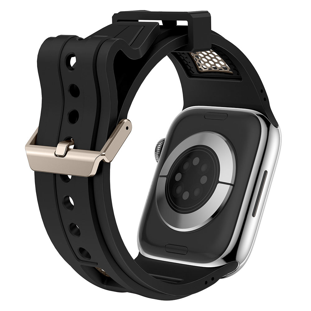 Apple Watch 44mm Zore KRD-117 Hava Alabilen Delikli Metal Süslemeli Desenli Silikon Kordon Siyah