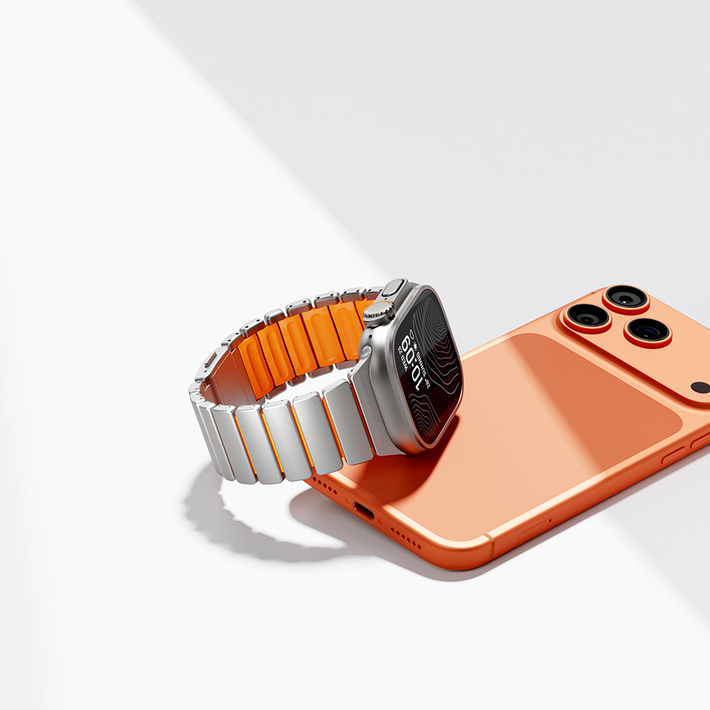 Apple Watch 44mm Zore KRD-149 Titanyum Silikon Kordon Gümüş-Turuncu