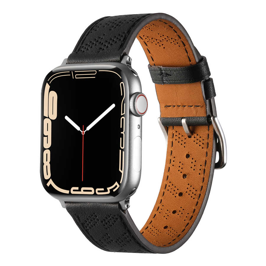 Apple Watch 7 45mm KRD-76 PU Deri Kordon Strap Kayış Siyah