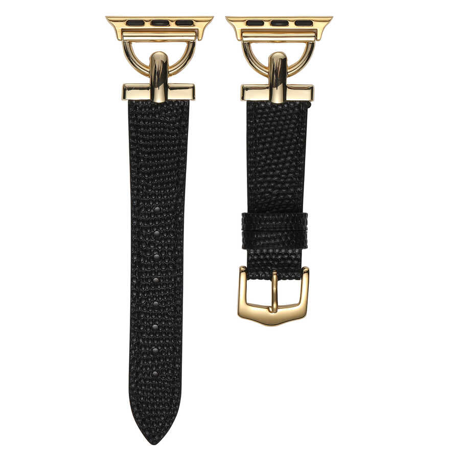 Apple Watch Ultra 49mm Kordon KRD-53 Deri Strap Kayış Siyah-Gold