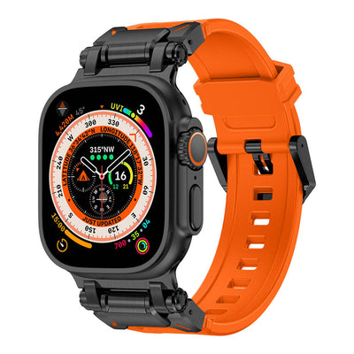 Apple Watch Ultra 49mm Zore KRD-101 Titanyum Metal Başlıklı Silikon Kordon Siyah-Turuncu