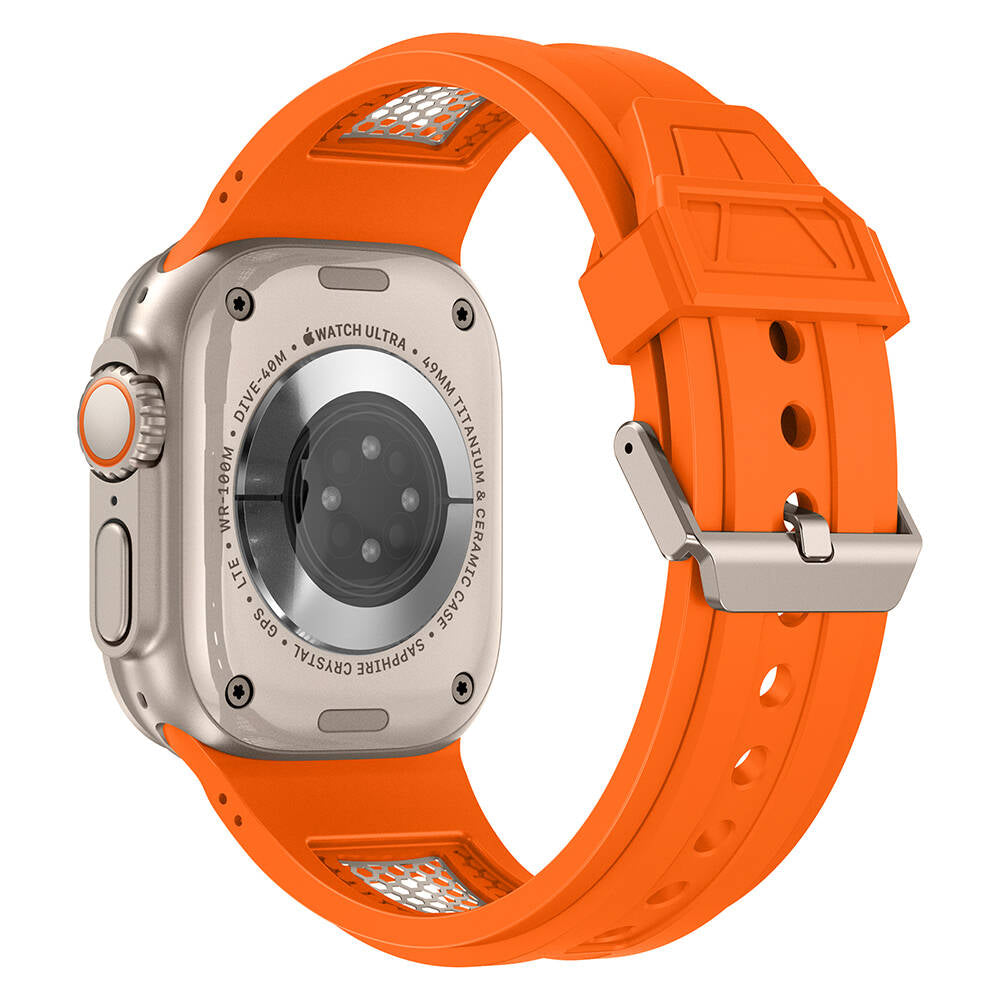 Apple Watch Ultra 49mm Zore KRD-117 Hava Alabilen Delikli Metal Süslemeli Desenli Silikon Kordon Titanyum-Starlight