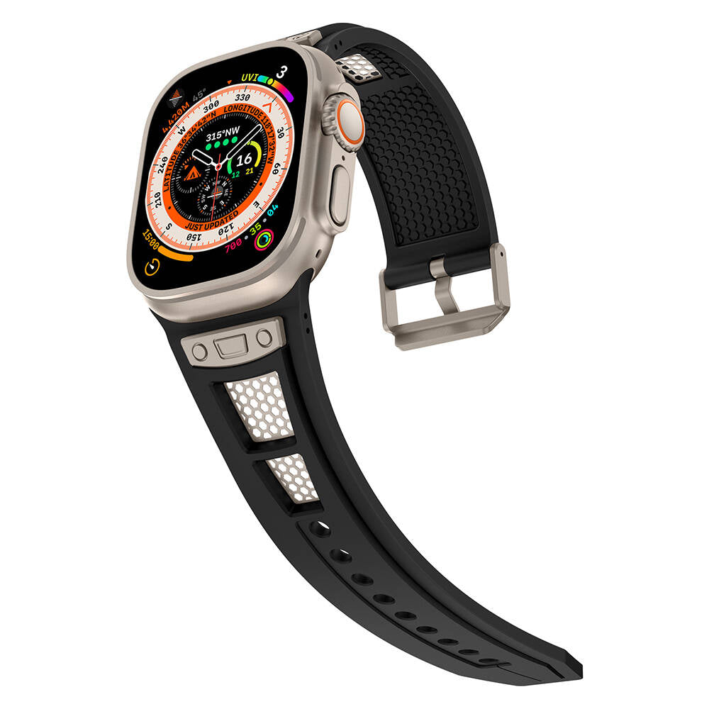 Apple Watch Ultra 49mm Zore KRD-117 Hava Alabilen Delikli Metal Süslemeli Desenli Silikon Kordon Titanyum-Yeşil