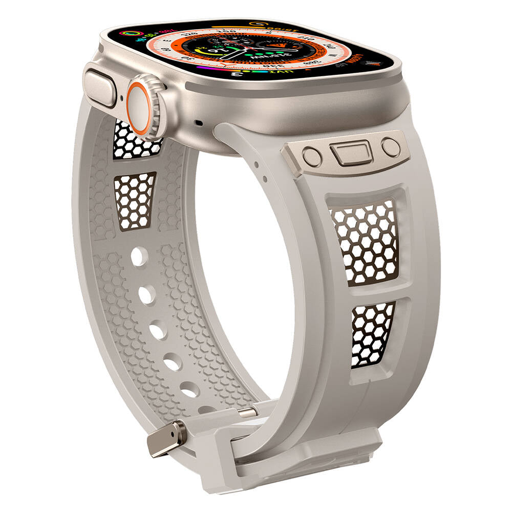 Apple Watch Ultra 49mm Zore KRD-117 Hava Alabilen Delikli Metal Süslemeli Desenli Silikon Kordon Titanyum-Starlight