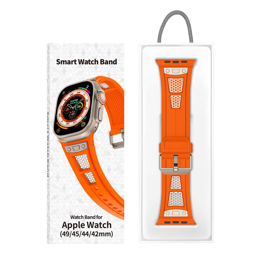 Apple Watch Ultra 49mm Zore KRD-117 Hava Alabilen Delikli Metal Süslemeli Desenli Silikon Kordon Titanyum-Turuncu