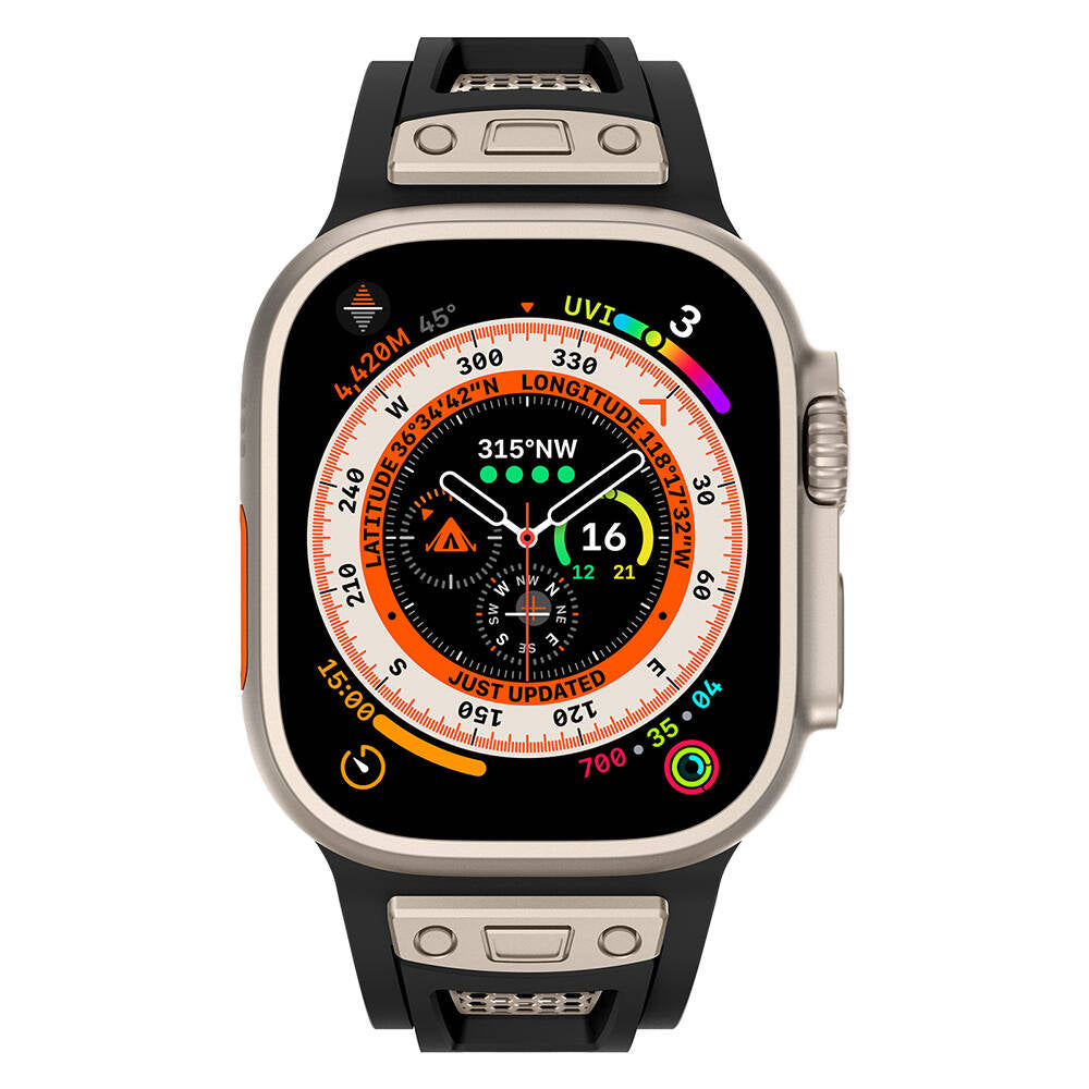 Apple Watch Ultra 49mm Zore KRD-117 Hava Alabilen Delikli Metal Süslemeli Desenli Silikon Kordon Titanyum-Turuncu