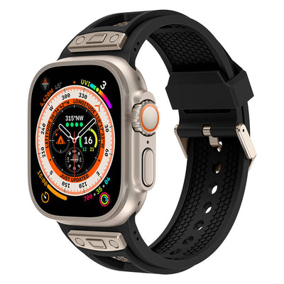 Apple Watch Ultra 49mm Zore KRD-117 Hava Alabilen Delikli Metal Süslemeli Desenli Silikon Kordon Siyah