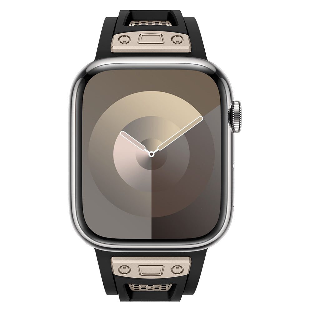 Apple Watch Ultra 49mm Zore KRD-117 Hava Alabilen Delikli Metal Süslemeli Desenli Silikon Kordon Siyah