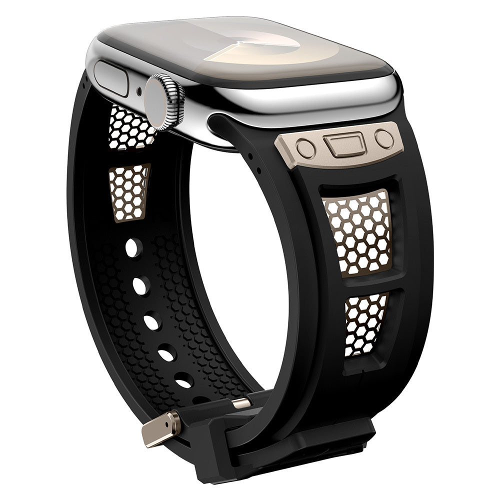 Apple Watch Ultra 49mm Zore KRD-117 Hava Alabilen Delikli Metal Süslemeli Desenli Silikon Kordon Titanyum-Yeşil