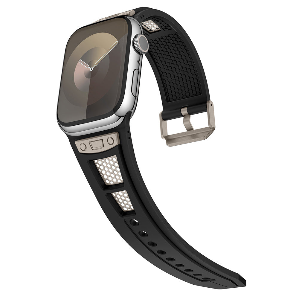 Apple Watch Ultra 49mm Zore KRD-117 Hava Alabilen Delikli Metal Süslemeli Desenli Silikon Kordon Siyah